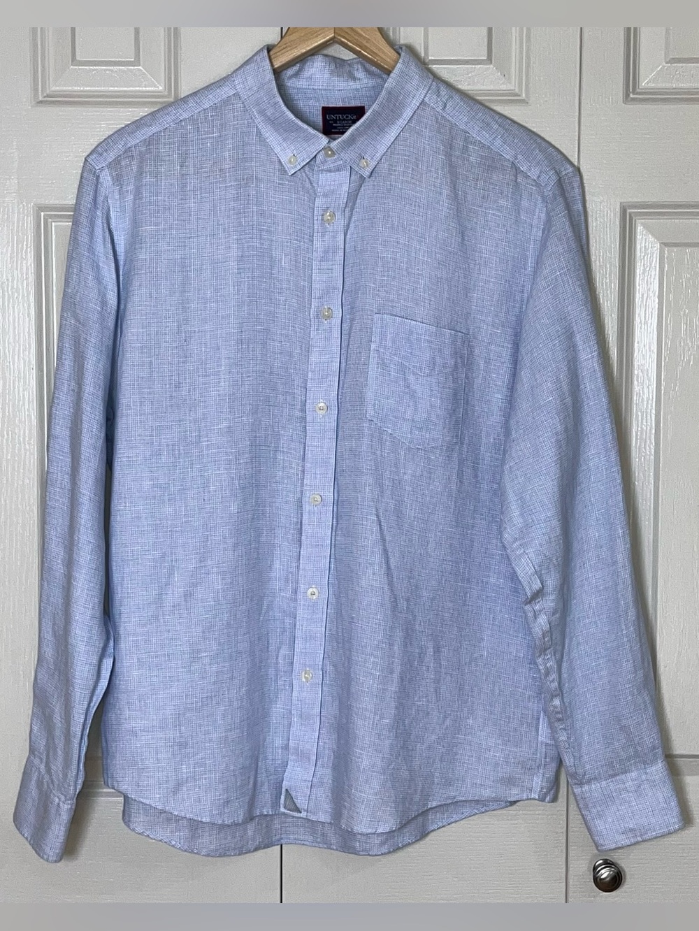 UNTUCKit 100% Linen Long-Sleeve Button-Down Shirt Light Blue/Pink Microcheck XL